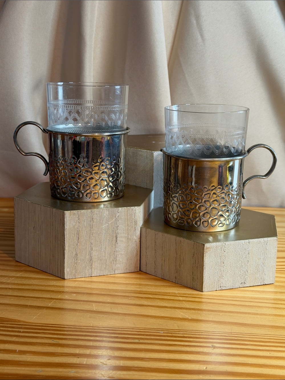 Vintage Mid-Century MUQ East German Tea Glasses & Holders - Set of 2